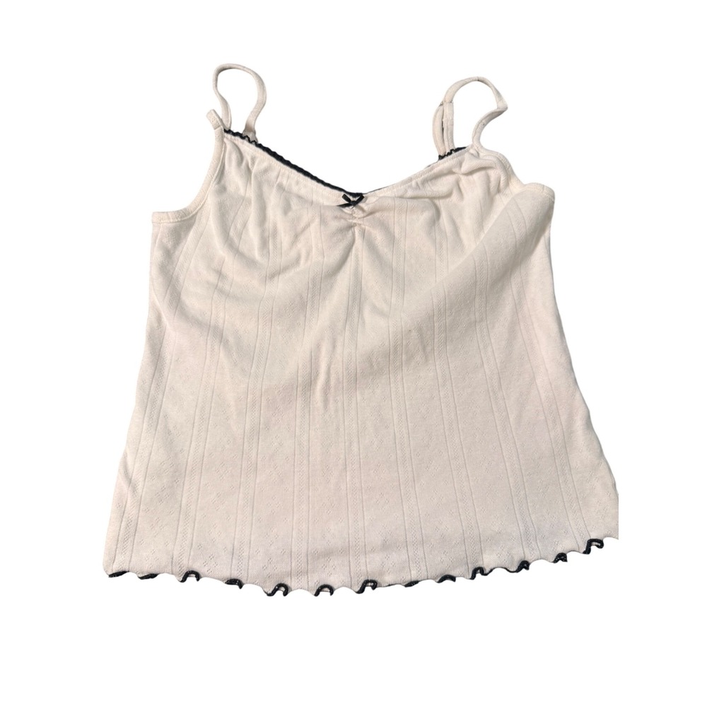 Boux Avenue White Pointelle Camisole Black Trim Lettuce Hem UK 12 US 8